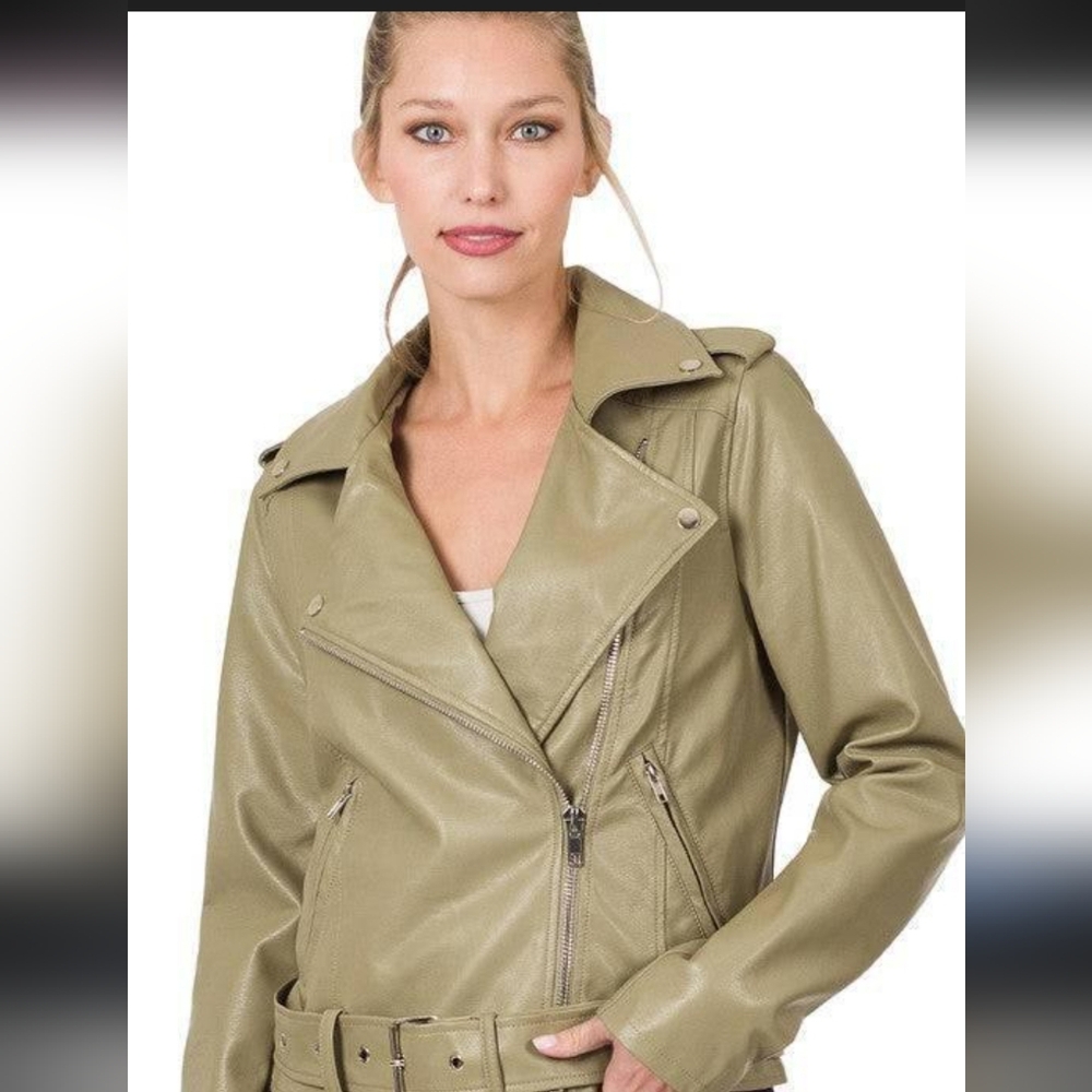 Zenana Women's Khaki Vegan Leather Moto Jacket - Picture 1 of 4